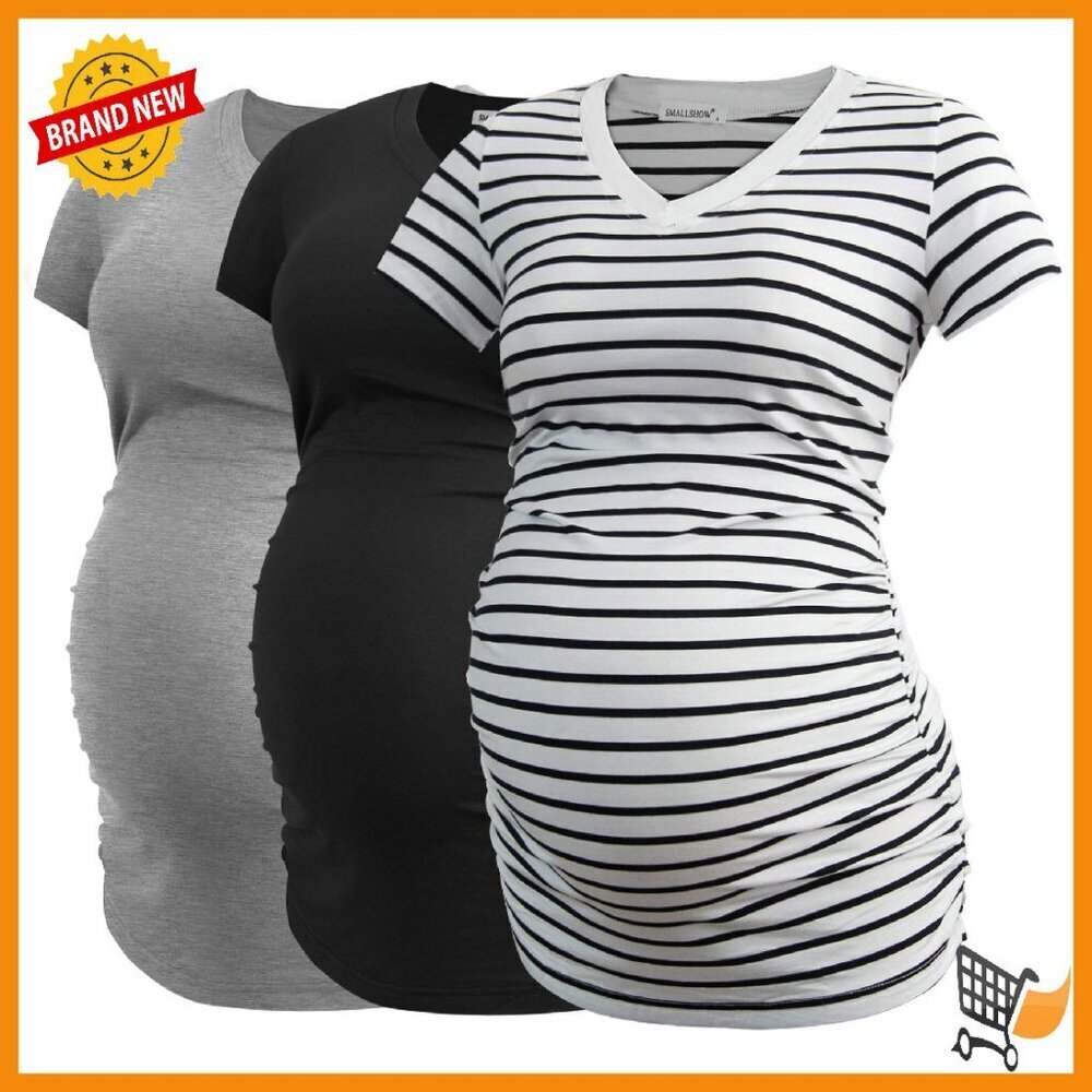 Maternity V-Neck T-Shirt Side Ruched Pregnancy Top Rayon Soft
